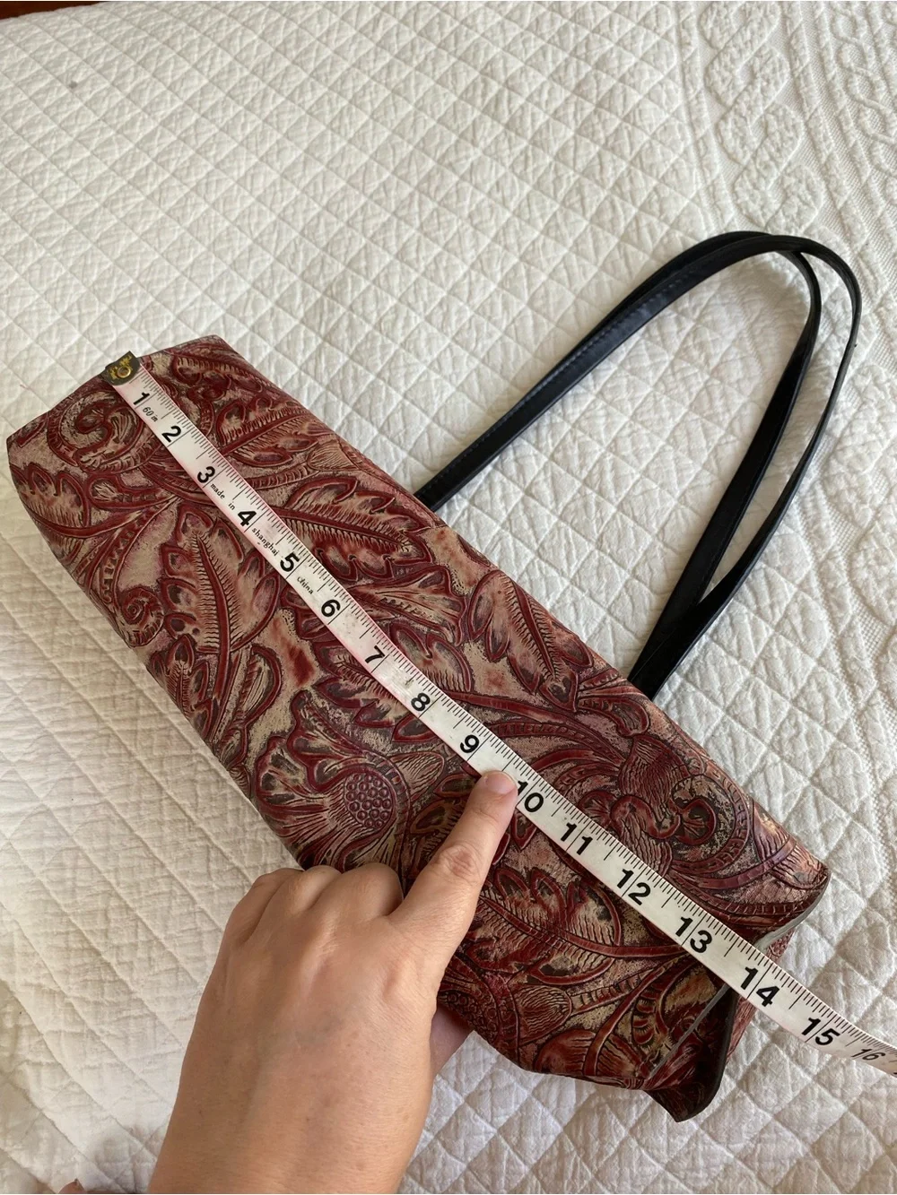 B May Western Floral Embossed Tooled Leather Tote Bag Maroon Oxblood Boho Rustic
